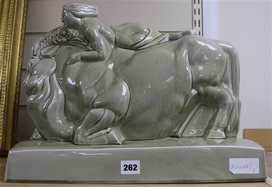 An Ashstead, Art Deco glazed model of a girl on a bull (damage to base)